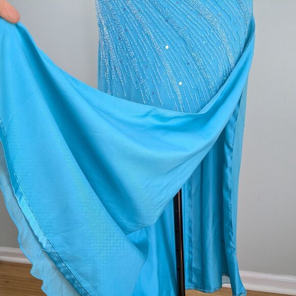 Silk Prom Dress Maxi Gown 10 Blue Vintage Y2K Fairy Glam Bead Princess Slit Bead - Picture 5 of 15